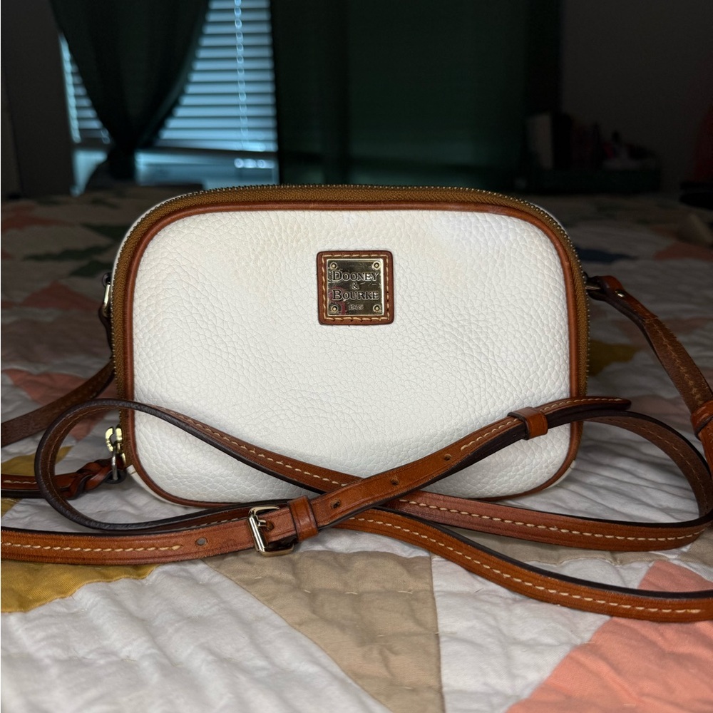 Dooney & Bourke White Pebbled Leather Crossbody with Brown Trim